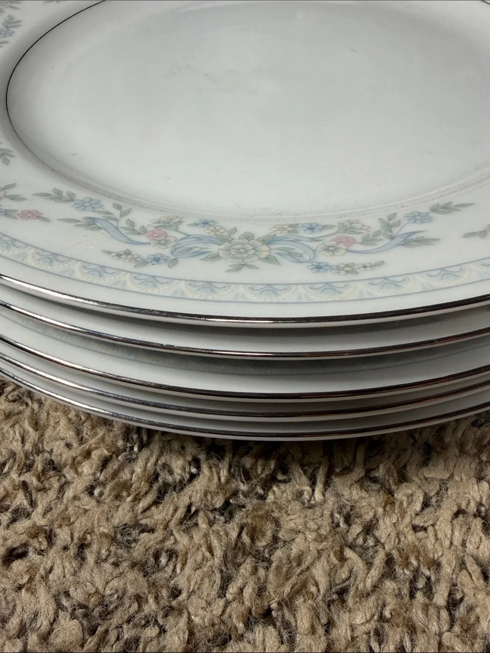 Vtg Somerset Classic White Floral Rim Ceramic Dinner Plate set of 5 White